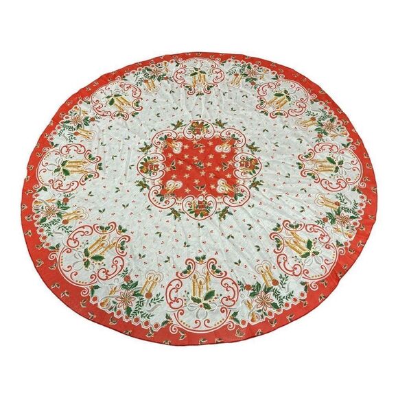 Vtg Holiday Christmas Tablecloth 53” For 48" Round Table Santa Holly Candles - Picture 1 of 7